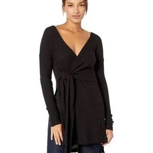Free People Black Wrap Ribbed Long-Sleeve Top